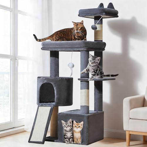 Image of Taoqimiao Cat Tree for Indoor Cats, 55.1In Sturdy Cat Tower, Large Platform, Rotatable Round Condo with Large Scratch Board, Extended Cat House, Thickened Full-Sisal Scratching Post, Smoky Gray, F10G