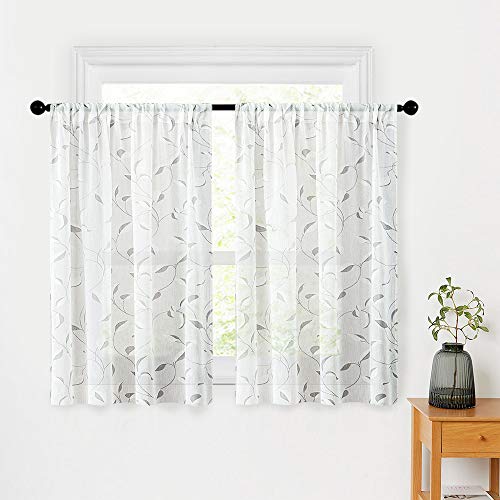 MRTREES Linen Textured Tier Curtains White Leaves Print Sheer Curtain 36 inches Long