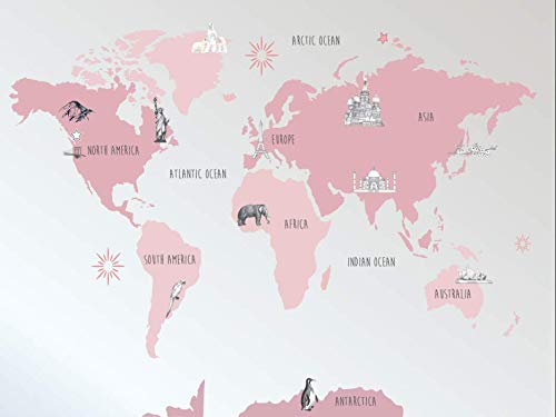 Pink Kids Wallpaper Kids World Map Wall Mural Nursery Map Wall Decor Girls Boys Bedroom Wall Art Kindergarten Wall Paint Art Baby Room Grey Background Custom Color -M0228D - Image 4