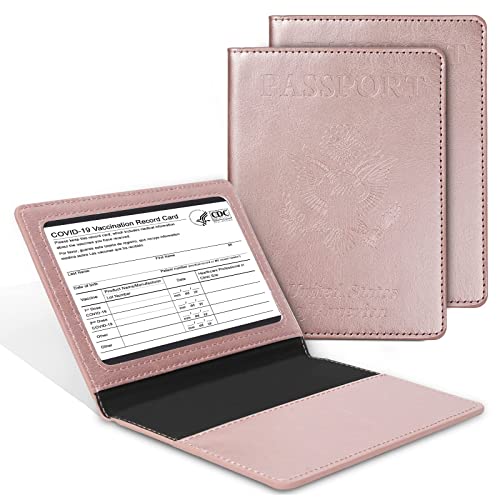 Passport And Vaccine Card Holder Combo, Abuytwo 2 Pack Passport Cover With Vaccination Card Protector Slot Waterproof Travel Documents Organizer Case Rfid Blocking Sleeve Passport Wallet (Rose Gold) #TOP20