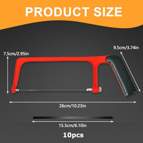 Mini Metallsäge Set mit 10 Austauschbaren Klingen, Rote Schwarze Verstellbare Kleine Handsäge, Professionelle Schwere Junior Bügelsäge für Kunststoff, PVC-Rohre, Dachschindeln & Holzschnitt