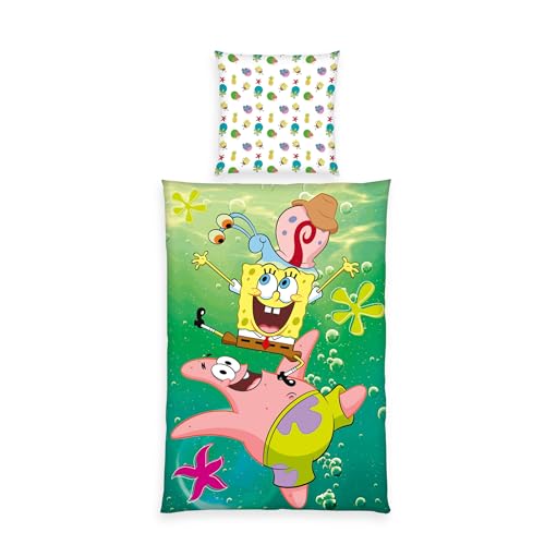 Herding Parure de Lit Bob l'Éponge, Taie d'oreiller 80 x 80 cm avec motif réversible, housse de couette 135 x 200 cm, Avec fermeture éclair, 100%...