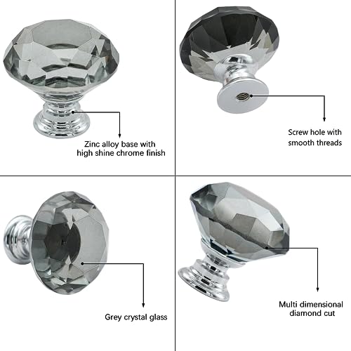Vandicka 4 Pack 30mm Crystal Glass Cabinet Door Knobs Wardrobe Cupboard Dresser Drawer Pull Handles (Grey Diamond + Chrome Base) with Screws in 3 Sizes - Image 3