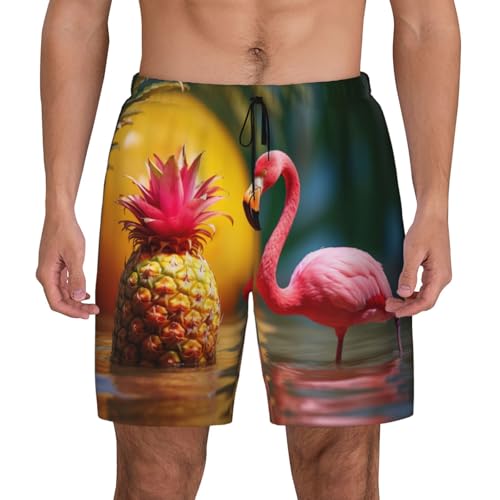 ERSDWRE Pantalones cortos de playa con estampado de piñas y flamencos rojos con bolsillos, traje de baño para hombre, para surf, natación, Negro, XL