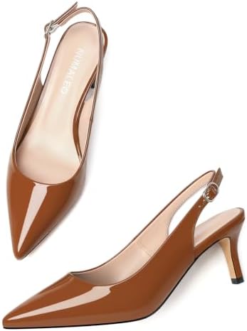 NUMALEO Brown Patent Slingback Heels for Women Pointed Close Toe Kitten Heels Patent Pumps Dress Party Comfy Heeled Sandals Stiletto 2.5 Inch Dress Shoes Size 11 - 5