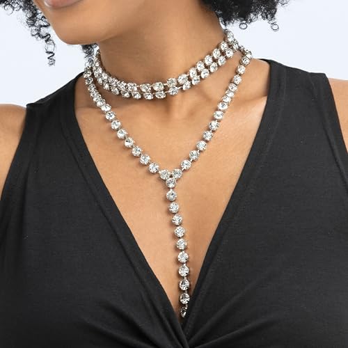 ELABEST Long Rhinestone Necklace Layered Y Necklaces Crystal Choker Necklace Dainty Wedding Bridal Bridesmaid Jewelry for Women2