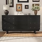 Caldion Buffet à 3 tiroirs et 2 Portes Rayé Noire avec Pieds Hauts. Buffet avec Étagère réglable Armoire de Cuisine rayé Noire Pieds Hauts pour Salon Cuisine Salle à Manger 160 x 40 x 80 cm