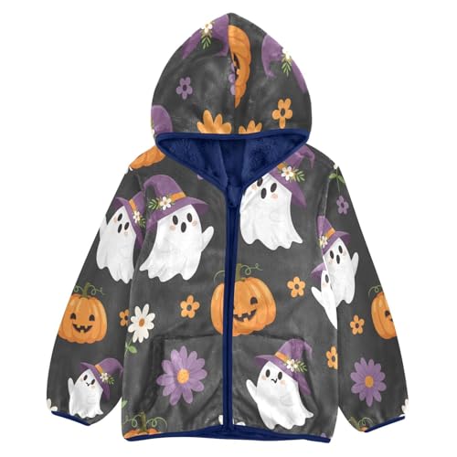 Halloween Ghosts Pumpkins Flowers Toddler Fleece Jacket Girl Boys Hooded Fleece Jacket Coat Warm Outwear Zip-up 3-10T