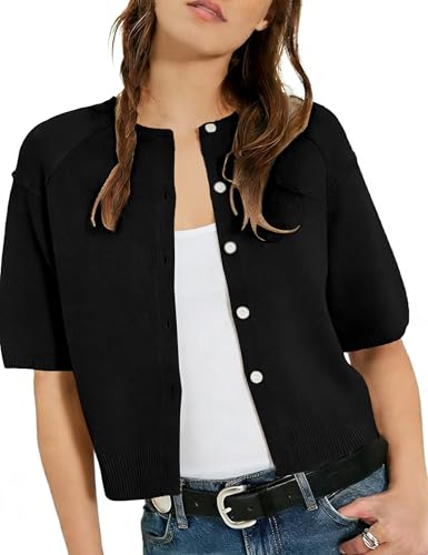 AMEBELLE Cropped Cardigan for Women Short Sleeve Ribbed Knit Button Up Shirt Lightweight Crewneck Casual Sweaters Tops (2668-Black-M)