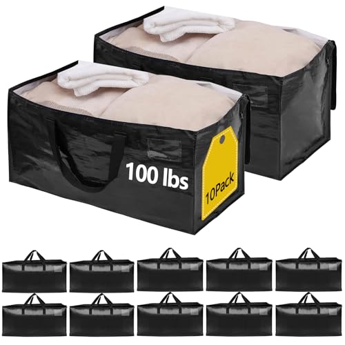 10 Pack Waterproof Moving Bags with Strong Zippers and Reinforced Handles, Real 100lb Capacity Extra Heavy Duty Large Storage Totes for Packing & Moving Storing, Alternative to Moving Boxes -95L,Black