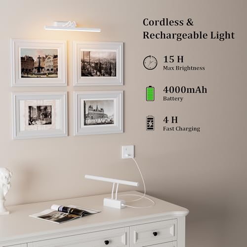 Image of Battery Operated Picture Light for Wall, Remote Control, White | 4000mAh Cordless,Wall Light, Magnetic for Easy to Charge,Timers, Display for Gallery Living Room Bedroom
