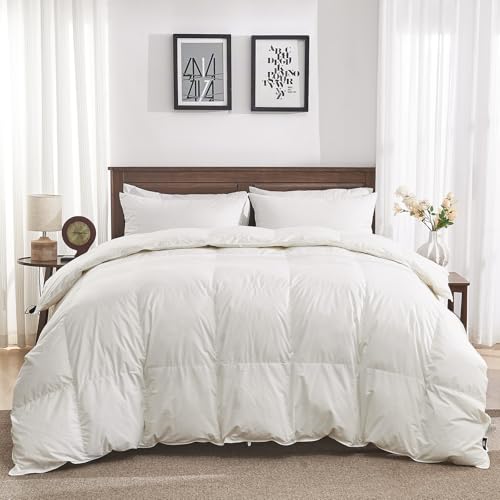 Oaken-Cat Goose Feather Down Fiber Comforter Full Size - 100% Organic Cotton Shell All Season Duvet Insert Medium Warmth Hotel Luxury Bedding Comforter(82x86 Inch White)