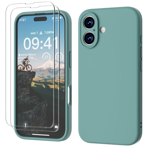 GOODVISH 3 IN 1 for iPhone 16 Case 6.1 inch, Upgraded Camera Protection, 2X HD Screen Protector, Liquid Silicone Anti-Scratch Shockproof Gel Rubber Anti-Fingerprint Phone Case Cover, Teal