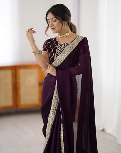 Image of SIRIL Women's Chiffon Sequence Embroidery Lace Saree with Unstitched Blouse Piece