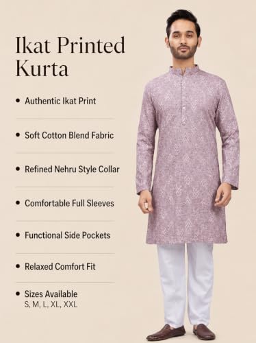 Image of Studio Shringaar Men's Cotton Blend Relaxed Fit Ikat Printed Knee Length Kurta