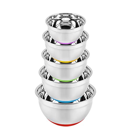 Cuencos de mezcla de acero inoxidable de 5pcs de acero inoxidable Tazón de ensalada de fondo de silicona preparando tazones con testos de vajilla