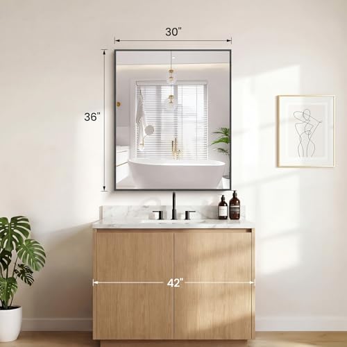 Image of Sweetcrispy Bathroom Mirror for Over Sink, 30 inch x 36 inch Rectangle Wall Mount Mirrors with Metal Frame, Modern Vanity Mirror with Tempered Glass, for Home Decor, Anti-Rust, Black