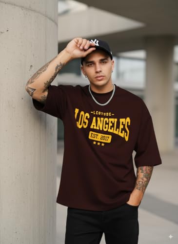 Image of LEOTUDE Men Los Angeles Brown Oversized T-Shirt Material Cotton Blend