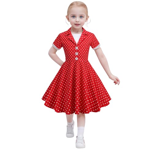 Generisch 2025 - Kurzärmliges Vintage-Kleid mit Punkten für Kinder im 50er-Jahre-Stil für Mädchen Halloween Mädchen (Red 11-12 Years)