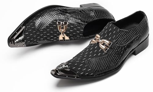 Santimon Men’s Slip-On Dress Loafers with Gold Chain & Metal Toe – Mixed-Texture Crocodile Embossed Leather Wedding Party Disco Bar Shoes4