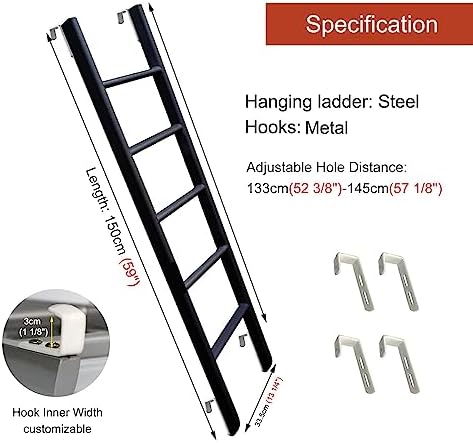 Black Bunk Bed Ladder for Loft & Motorhome, 4/5 Step Space-Saving Climb Ladder with Hooks for Twin Dorm Beds - Sturdy & Easy to Install