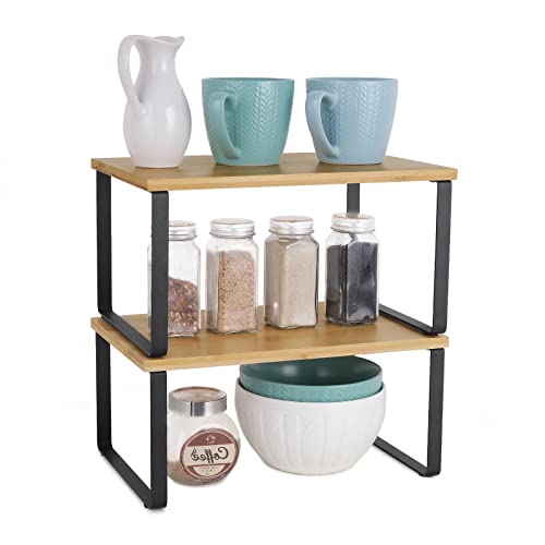 MOOACE Juego de 2 organizadores de estantería de bambú, organizador extensible apilable en el armario, solución de almacenamiento para especias, tarros y hierbas Cover