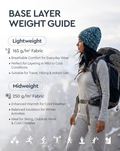 Image of MERINNOVATION Merino Wool Base Layer Set for Women 100% Merino Wool Thermal Underwear Sets Lite - Midweight Top Tank Bottom