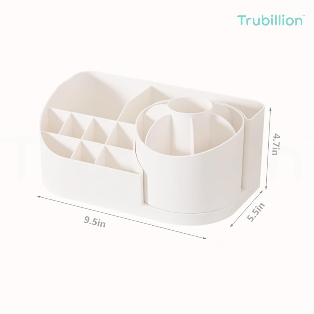 TRUBILLION Revolve 360 Degree Rotating Office Desk and Makeup Brush Organizer Stand, Multipurpose Organizer with 16 Compartments for Brushes, Pens, Stationary – Durable, No Installation Needed (White) 3