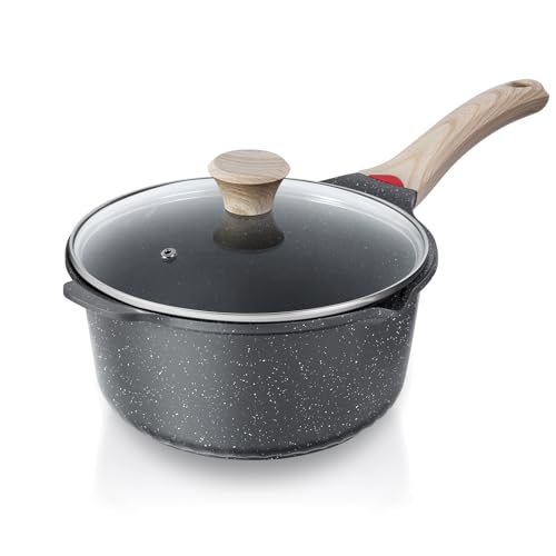 Bakoniion Ceramic Nonstick 4 QT Saucepan with Lid Cast Aluminum Stockpot with Stay-cool Handle Compatible with All Cooktops Dishwasher Safe