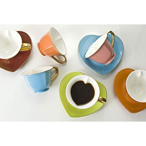 Tea and Coffee Cups with Saucers (Set of 6) by Classic Coffee & Tea|Charming, Inside Out Heart Shaped Cups Saucers|Fine Porcelain In 6 Colors with Gold Plated Ends & Handles|Great Gift Idea|6.5 oz - Thumbnail 2
