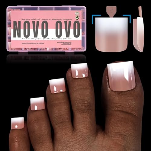 NOVO OVO Ombre French Tip Press on Toe Nail Tips, Sharp Square Pre-Designed Soft Gel False Toenail Extension, BROWN PINK Pre-applied Tip Primer &amp; Base Coat, Full Cover Acrylic DIY x 15 Sizes 240 pcs