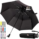 GORILLA GRIP Compact Stick Umbrella for Rain, Travel One-Click Automatic Open Close, Lightweight, Portable, US Designed Reinforced Fiberglass Ribs, Wind Resistant Easy Collapse, Black