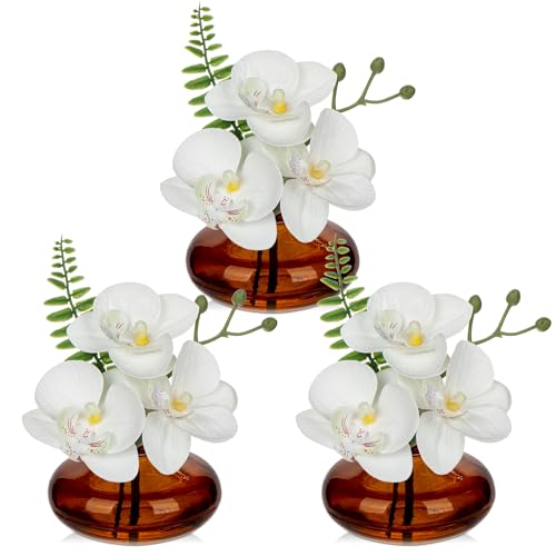 Briful Set of 3 Artificial Orchids in Amber Glass Vase, White Orchids Fake Flowers in Faux Water Artificial Flowers for Decoration Fake Plants for Living Room Bathroom Office Décor