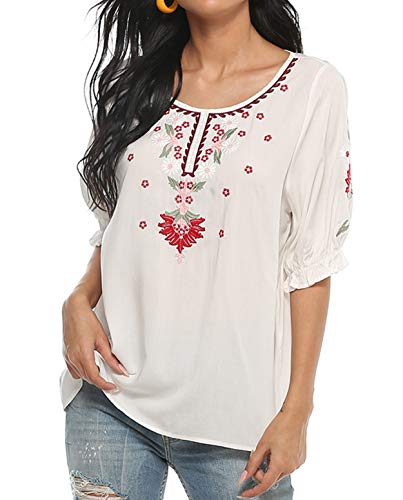 Mansy Womens Summer Embroidered Boho Mexican Tops Casual Cute Short Sleeve Loose Peasant T Shirts Blouses