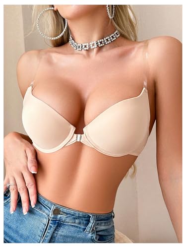 SHENHE Women's Front Closure Underwire Bra Clear Straps Push Up Molded Backless Plunge Bra3
