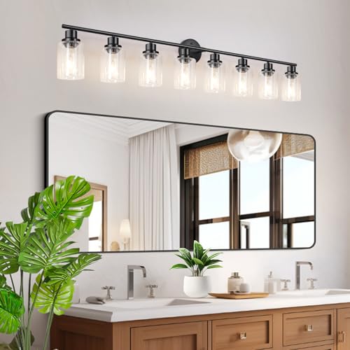Image of 8-Light Black Vanity Lights, Modern Bathroom Light Fixtures with Clear Glass Shade, Wall Lamps for Mirror Kitchen Hallway Cabinet Living Room Sconces Lights - E26