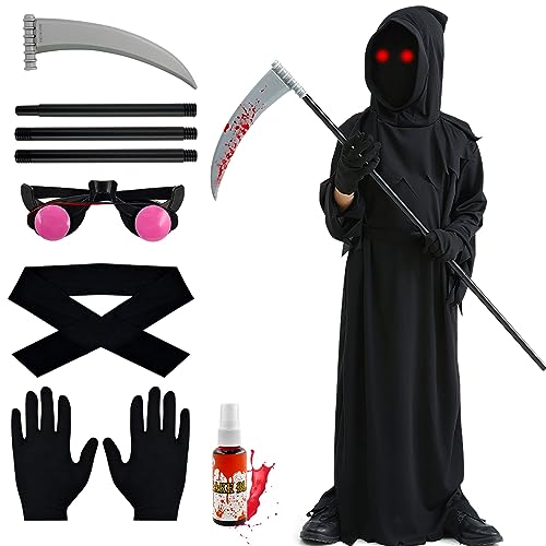 Disfarce de Halloween para crianças, disfarce de ceifeiro de almas com olhos brilhantes, foice, luvas, sangue artificial, chapéu, truque ou tratamento no Halloween, fantasma Cosplay, carnival, para