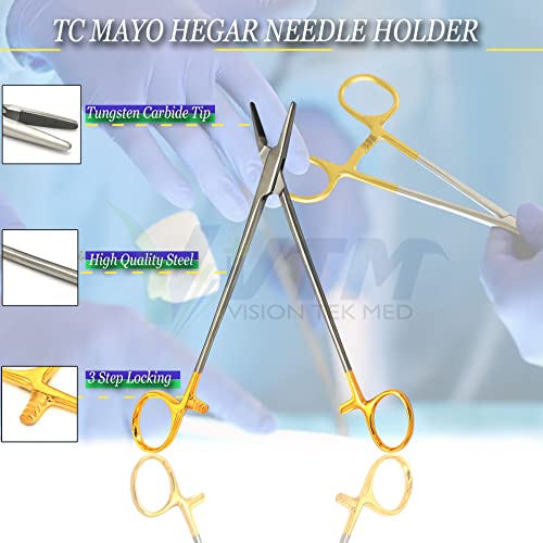 Image of 8 Inch TC Mayo Hegar Needle Holder Driver with Tungsten Carbide Inserts and Gold Rings Premium Grade Instrument
