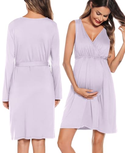 Image of SWOMOG Women Maternity Nursing Gown and Robe Set 3 in 1 Labor Delivery Nursing Nightgown for Breastfeeding Hospital Bathrobe