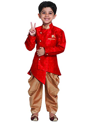 Image of JBN Creation Light Blue Cotton Silk Blend Boys Indo Wstern Style Sherwani Set