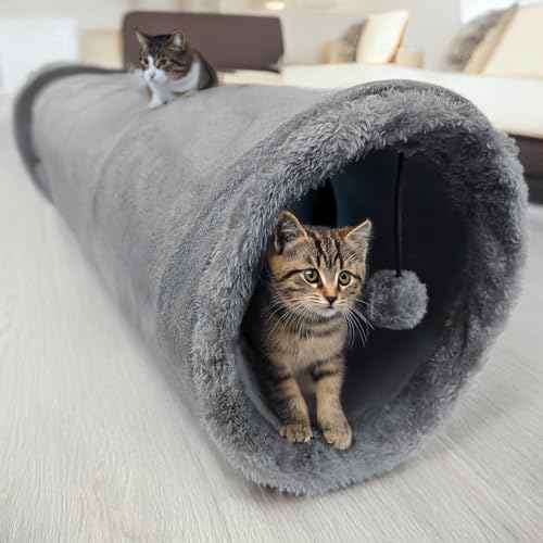 MERSJO Katzenspielzeug Tunnel, 120 x 25 cm, Plüsch-Katzentunnel mit Knistermaterial und Spielball, Grau