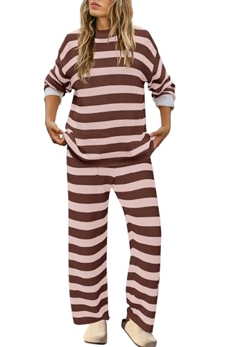 Image of SENSERISE Womens Striped Set Sweater Lounge Sets | Pajamas Set, Loungewear Set, Oversized Knit Sweater, Wide Leg Pants with Pockets, Fall Outfits, Pants Set