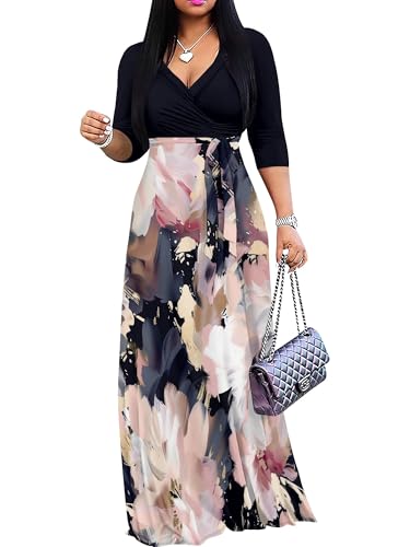 Image of Plus Size Maxi Dress for Women V Neck 3 /4 Sleeve Wrap Dress