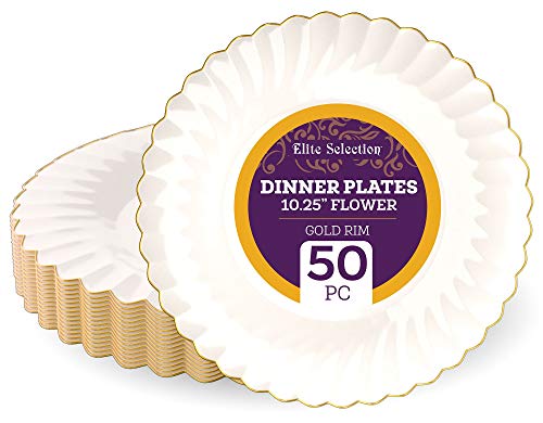 ELITE SELECTION Disposable Plastic Dinner Plates - 50 Pack Premium Quality 10.25” Ivory Round Dessert Plate with Elegant Gold Flower Rim Design for Wedding, Birthday, Party