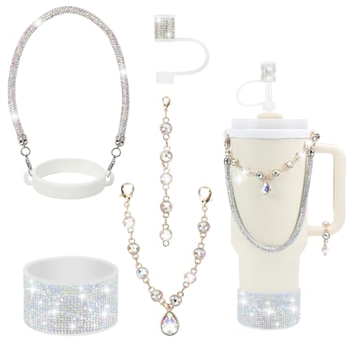 3tyto Rhinestone Stanley Cup Accessories Set, Bling Straw Cover 0.4in, Bottle Handle Strap, Glitter Charms, Silicone Boot, 30-40 Oz (AB Rhinestone, Fit 30oz Stanley Tumbler)