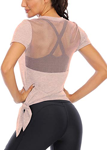 Fihapyli Women's Workout Tops Short Sleeve Mesh Back Side Tie Workout Tank Tops for Women Backless Yoga Tops for Womens Pilates Tank Tops Muscle Running Tank Open Back Active Tank Tops Apricot M