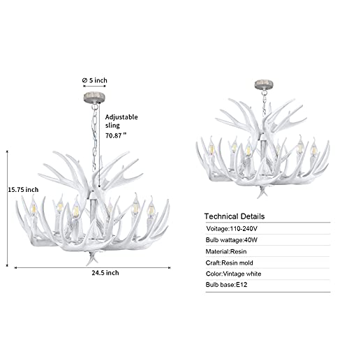 Bainuo White Antler Chandelier 6 Lights Faux Retro Deer Antler Chandelier Lighting American Country Style Antler Light Fixture Ceiling For Kitchen Dining Room Living Room Bar Cafe Cabin #TOP2