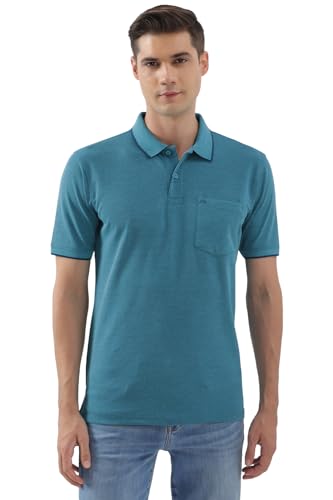 Image of Peter England Men's Premium Regular Fit Half Sleeve Polo T-Shirt with Pocket | Cotton Rich | Birds Eye Interlock Weave