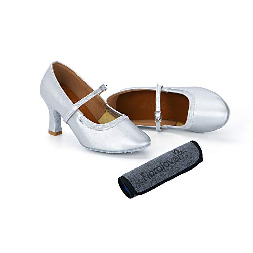 [Floralover] レディース ラテン ダンス シューズ 女性 社交 モダン ダンス シューズ 靴 スエードソール ヒール 7cm シルバー 23.5cmのサムネイル