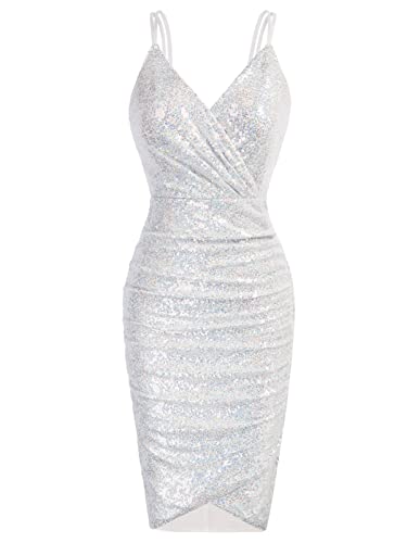 Amazon.com: GRACE KARIN Party Dress for Women V-Neck Ruched Sequin Sparkly  Glitter Dress Sliver L : Clothing, Shoes & Jewelry